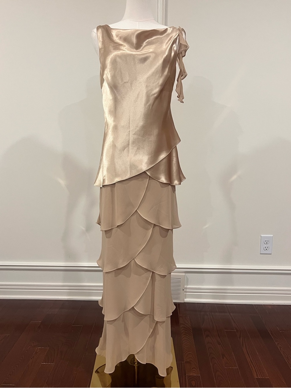 Champagne Satin Tiered Chiffon Gown Drop Waist Y2K Formal Wedding Guest Dress